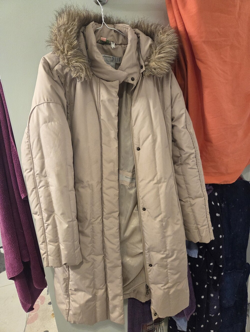 Womens Beige Puffer Coat with Faux Fur Hood